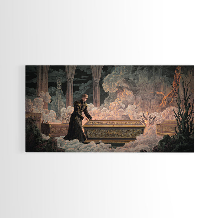 The Royal Coffin Maker, Apocalyptic Romantic Art, Wide Panoramic Art, Macabre Wall Art, Framed Canvas Print, Halloween Wall Art