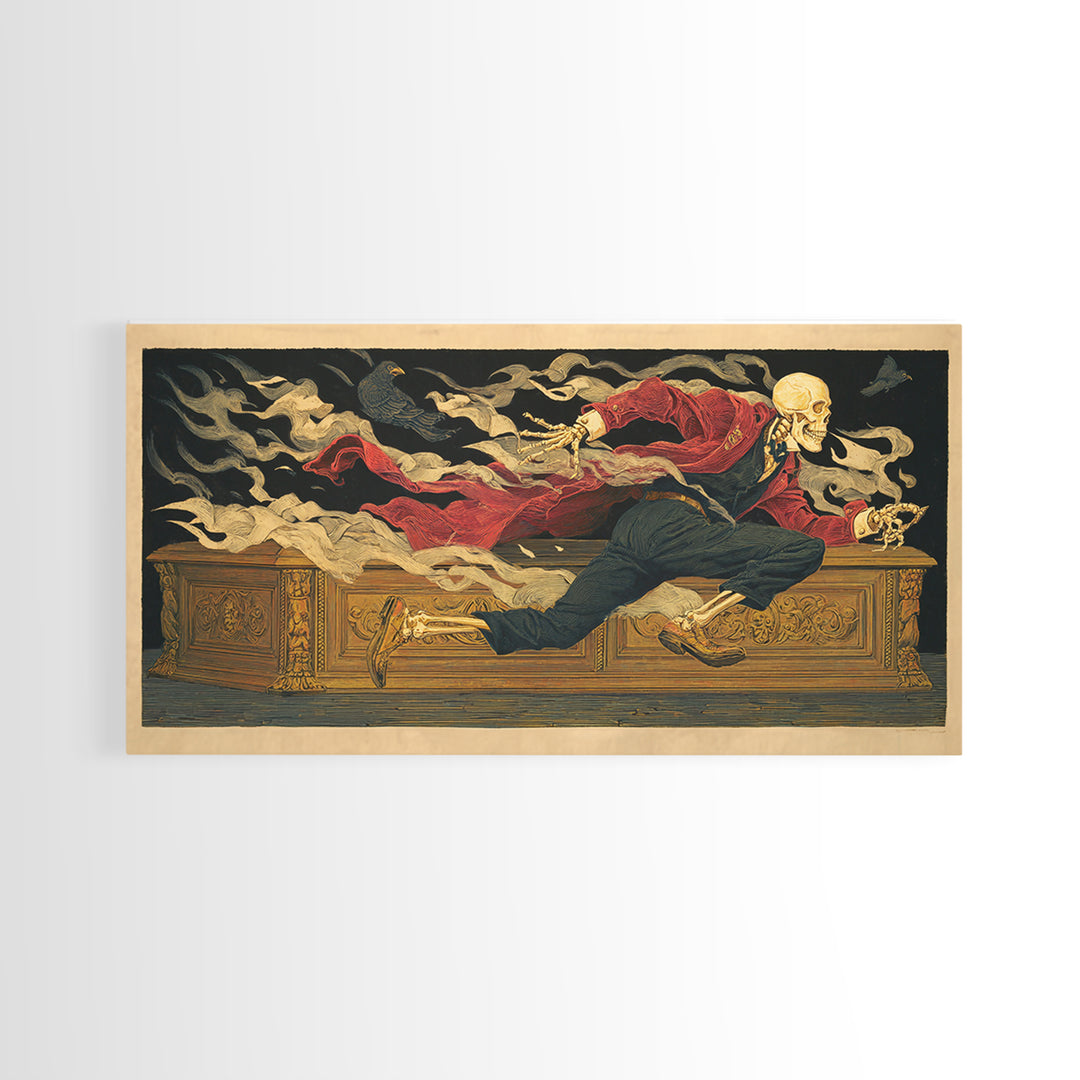 The Royal Coffin Maker, Macabre Folk Print Art, Wide Panoramic Art, Dark Halloween Decor, Framed Canvas Print, Macabre Wall Art