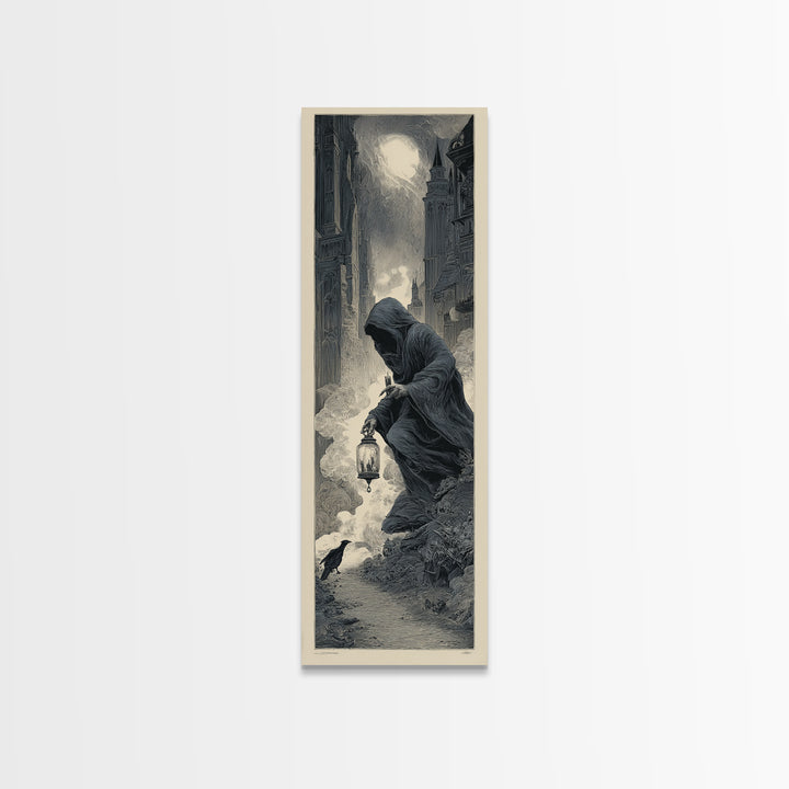 The Soul Collector, Gothic Engraving Art, Tall Narrow Wall Art, Dark Halloween Decor, Canvas Print, Halloween Wall Art