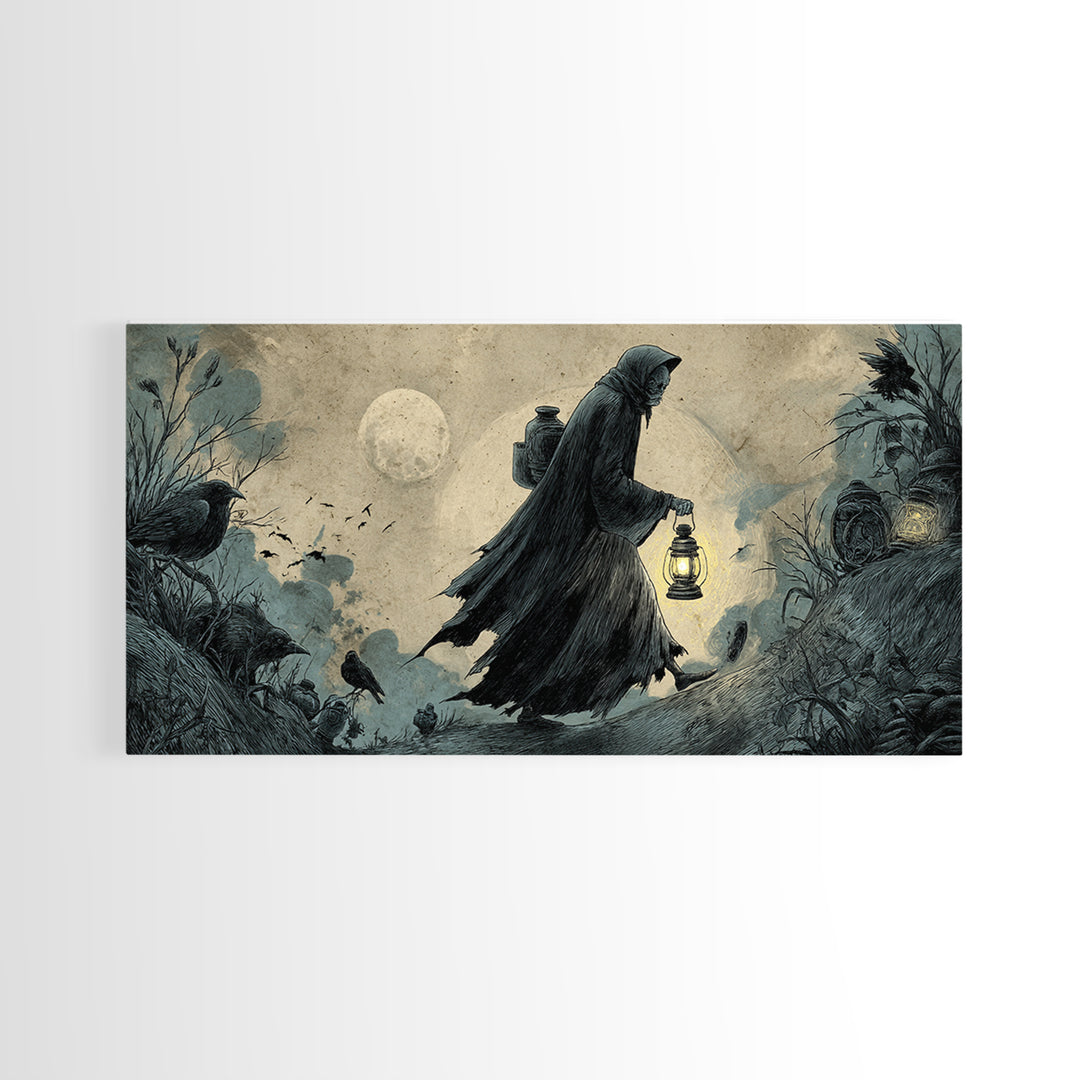 The Soul Collector, Expressionist Nightmare Art, Wide Panoramic Art, Dark Fantasy Wall Art, Framed Canvas Print, Halloween Wall Art