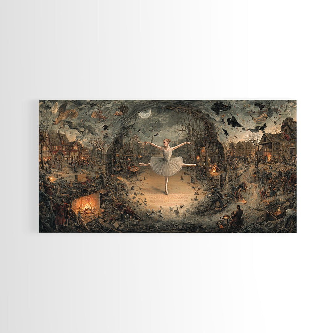 The Phantom Ballerina, Northern Renaissance Horror, Wide Panoramic Art, Dark Fantasy Wall Art, Canvas Print, Halloween Wall Art