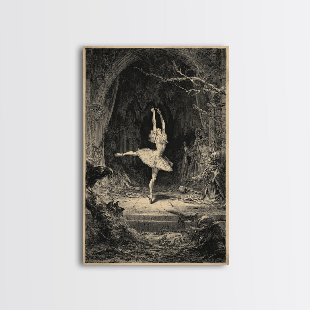 The Phantom Ballerina, Renaissance Engraving Art, Vertical Wall Art, Macabre Wall Art, Framed Canvas Print, Halloween Wall Art