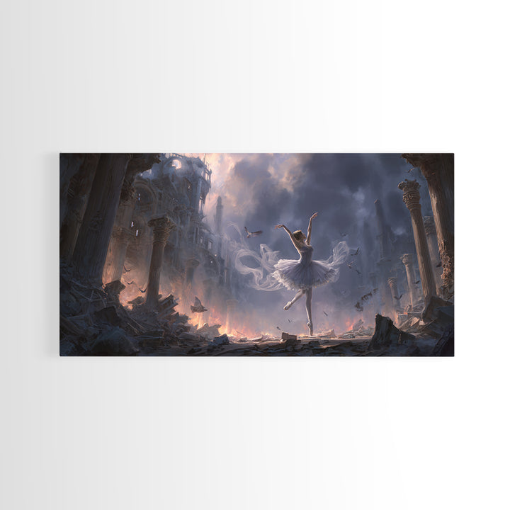 The Phantom Ballerina, Apocalyptic Romantic Art, Wide Panoramic Art, Macabre Wall Art, Framed Canvas Print, Halloween Wall Art