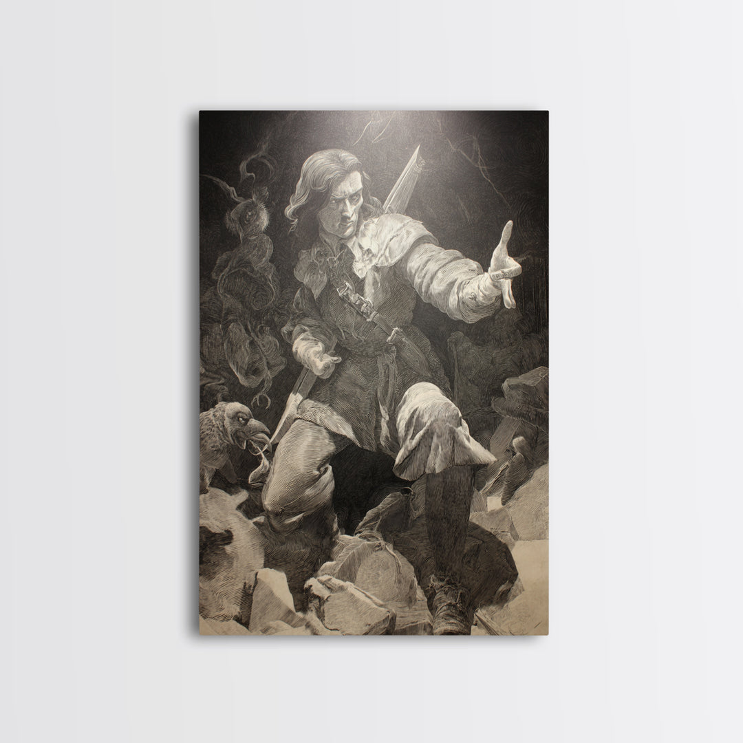 The Ghost Of The Witch Hunter, Renaissance Engraving Art, Vertical Wall Art, Macabre Wall Art, Framed Canvas Print, Halloween Wall Art