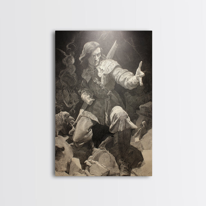 The Ghost Of The Witch Hunter, Renaissance Engraving Art, Vertical Wall Art, Macabre Wall Art, Framed Canvas Print, Halloween Wall Art