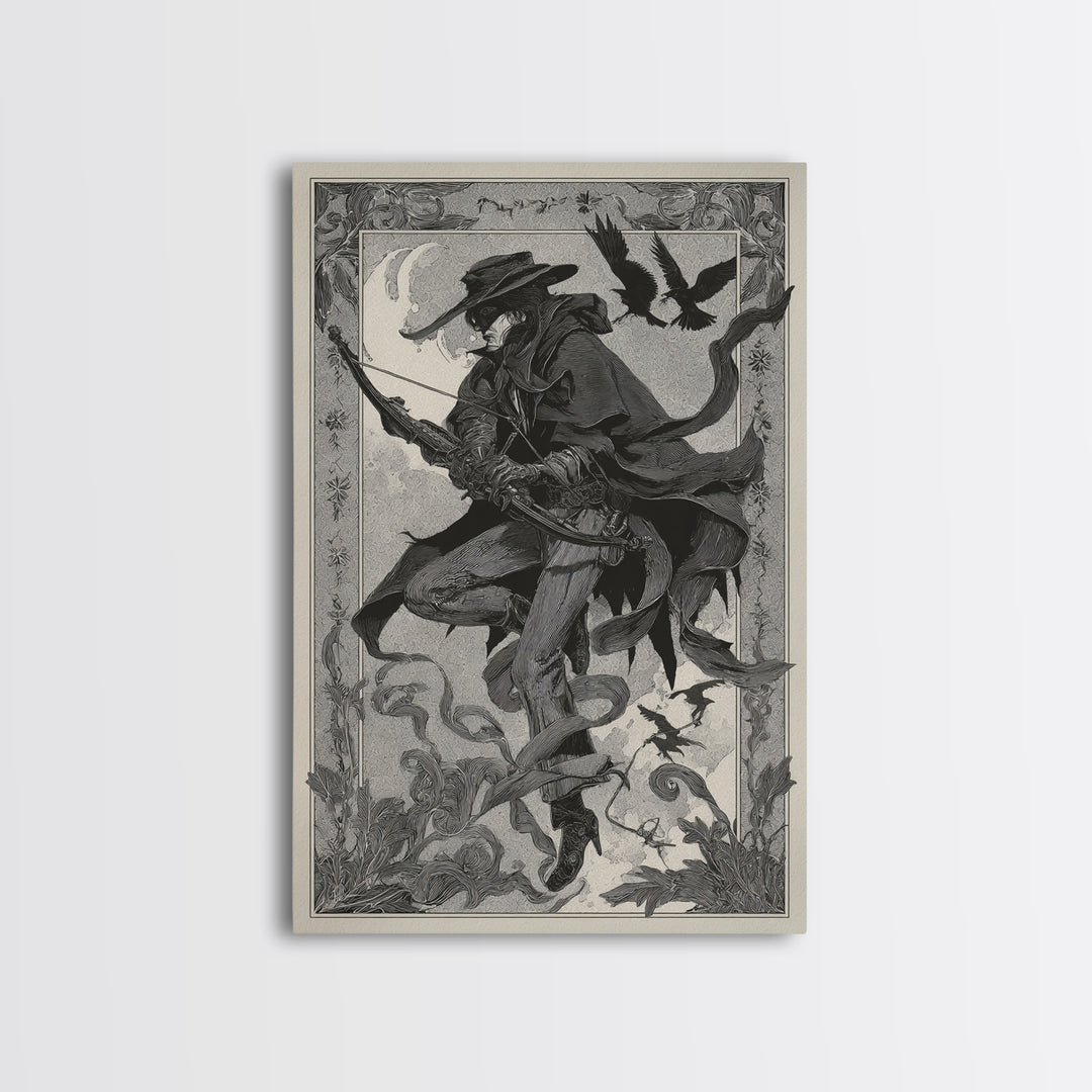 The Ghost Of The Witch Hunter, Decadent Line Art, Vertical Wall Art, Dark Halloween Decor, Framed Canvas Print, Horror Wall Art
