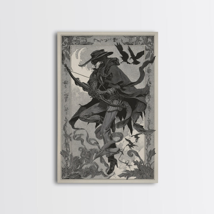 The Ghost Of The Witch Hunter, Decadent Line Art, Vertical Wall Art, Dark Halloween Decor, Framed Canvas Print, Horror Wall Art