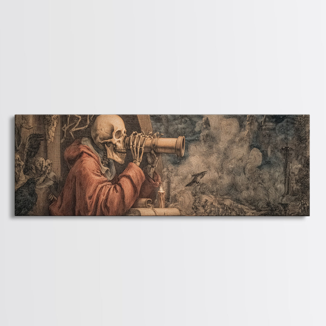 The Skull Astronomer, Medieval Grotesque Art, Extra Wide Wall Art, Dark Fantasy Wall Art, Framed Canvas Print, Halloween Wall Art