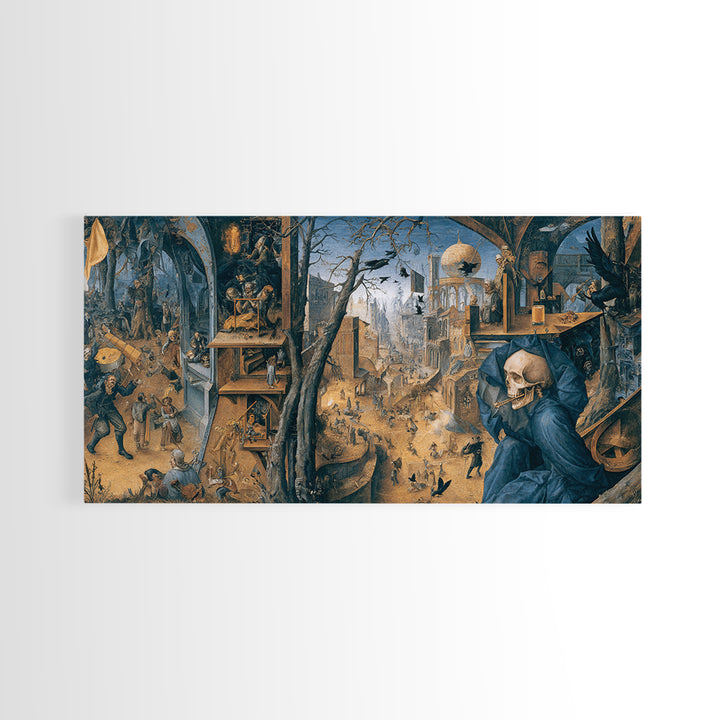 The Skull Astronomer, Northern Renaissance Horror, Wide Panoramic Art, Dark Fantasy Wall Art, Framed Canvas Print