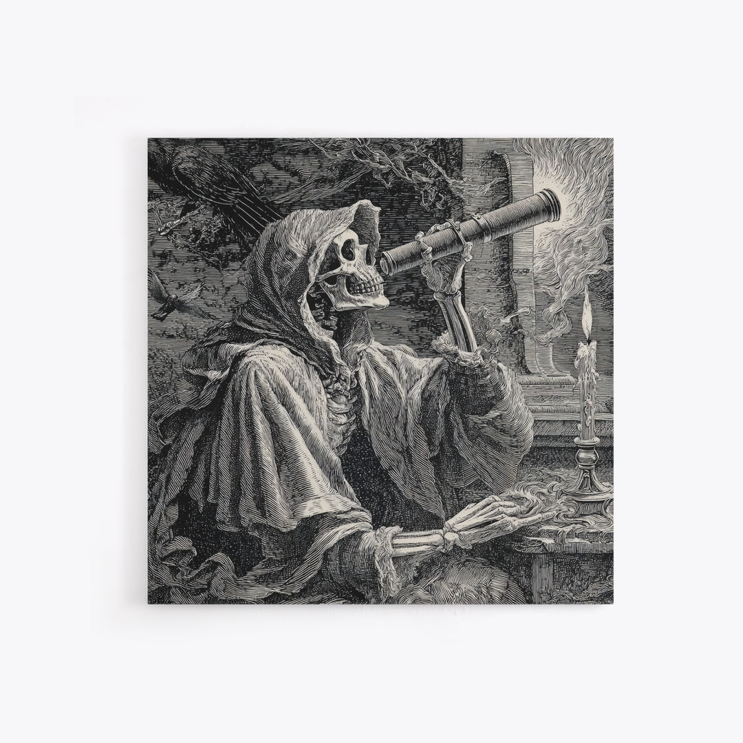 The Skull Astronomer, Renaissance Engraving Art, Square Wall Art, Dark Fantasy Wall Art, Framed Canvas Print, Halloween Wall Art