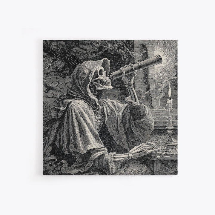The Skull Astronomer, Renaissance Engraving Art, Square Wall Art, Dark Fantasy Wall Art, Framed Canvas Print, Halloween Wall Art