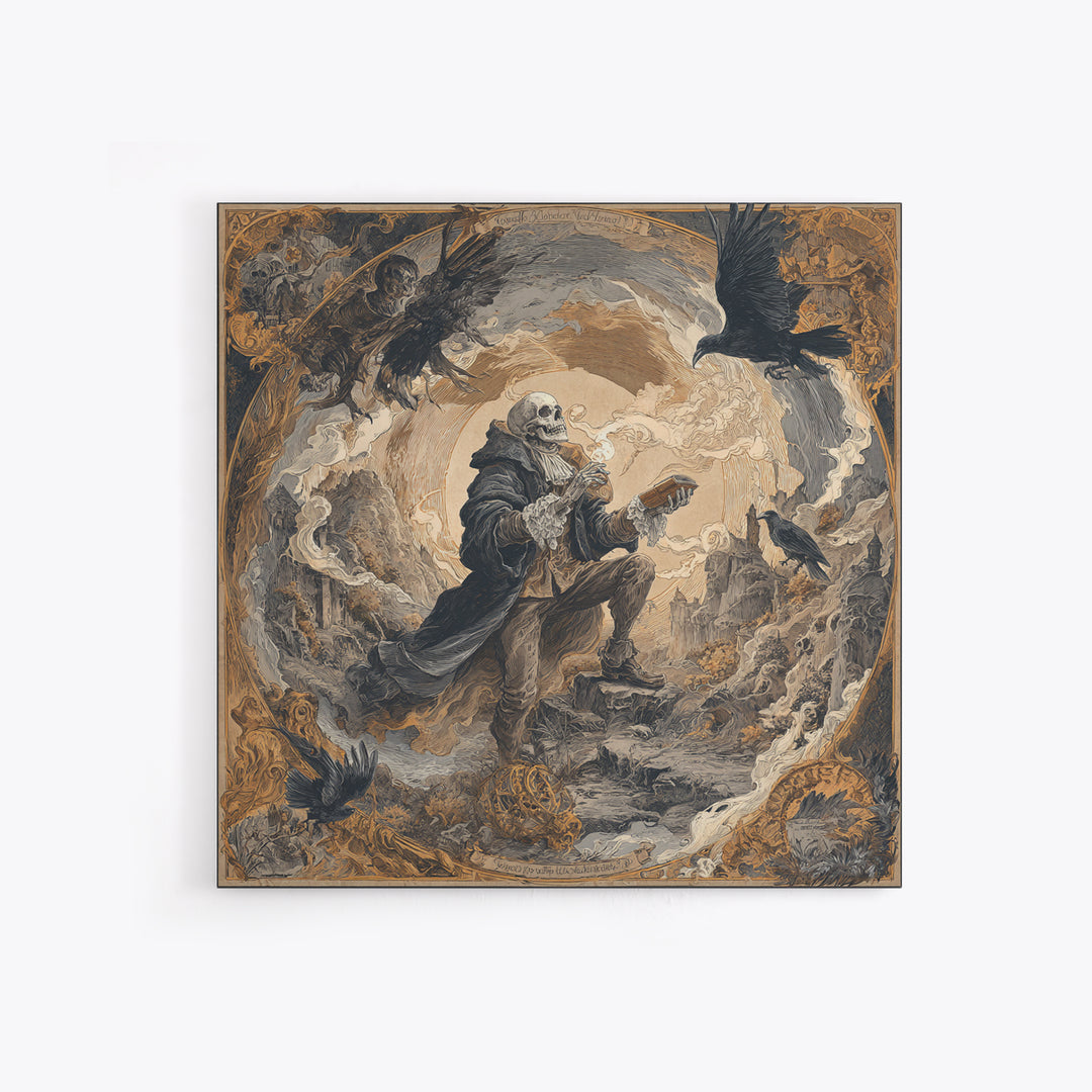 The Skull Astronomer, Baroque Witchcraft Art, Square Wall Art, Dark Fantasy Wall Art, Canvas Print, Halloween Wall Art