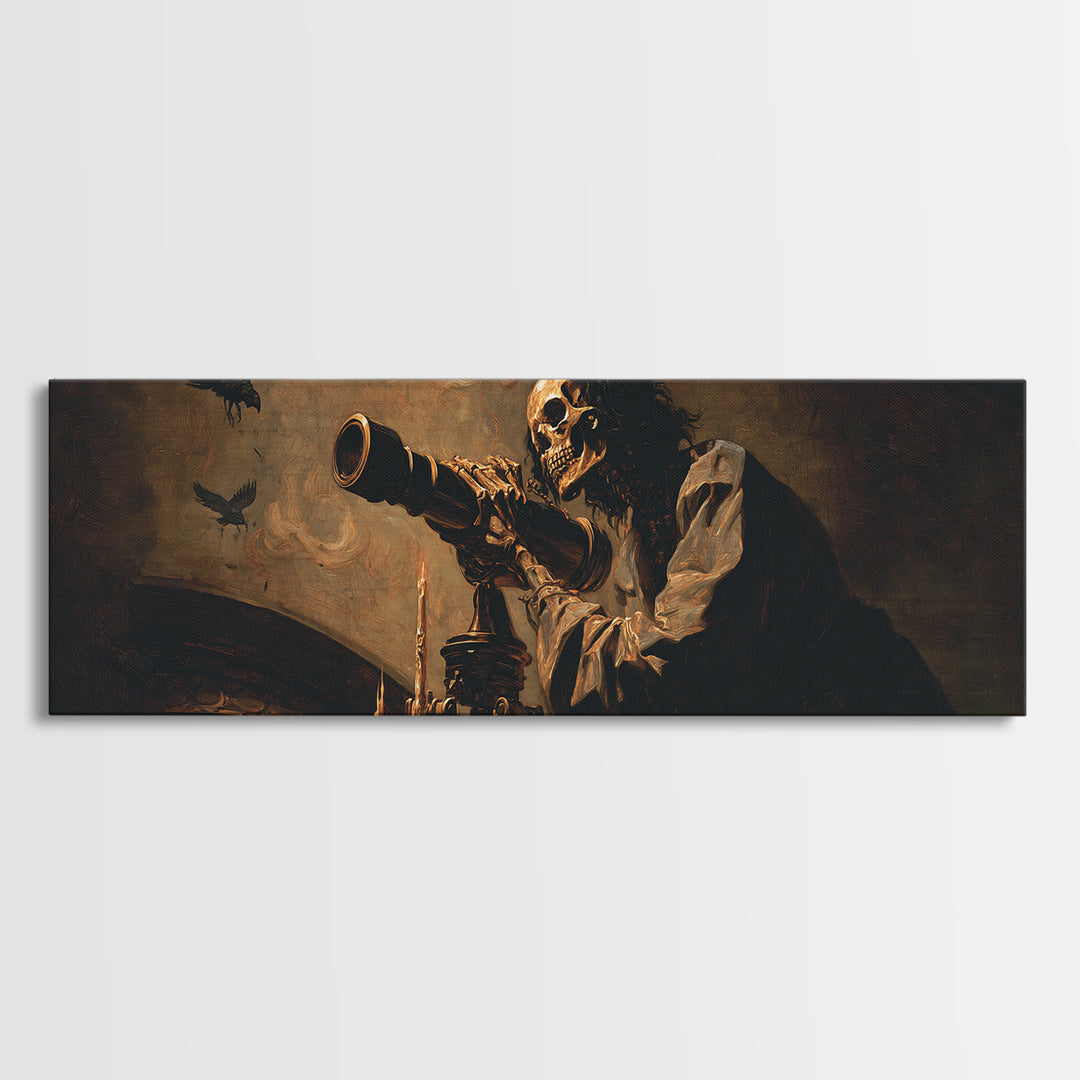 The Skull Astronomer, Dark Romantic Horror Art, Extra Wide Wall Art, Macabre Wall Art, Canvas Print, Halloween Wall Art