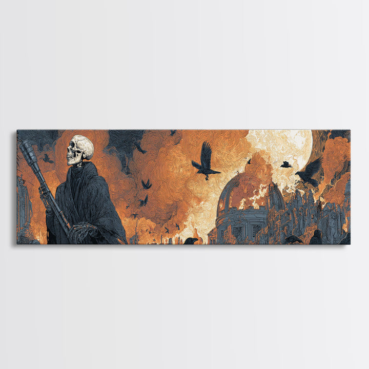 The Skull Astronomer, Apocalyptic Romantic Art, Extra Wide Wall Art, Gothic Horror Wall Art, Framed Canvas Print, Halloween Wall Art