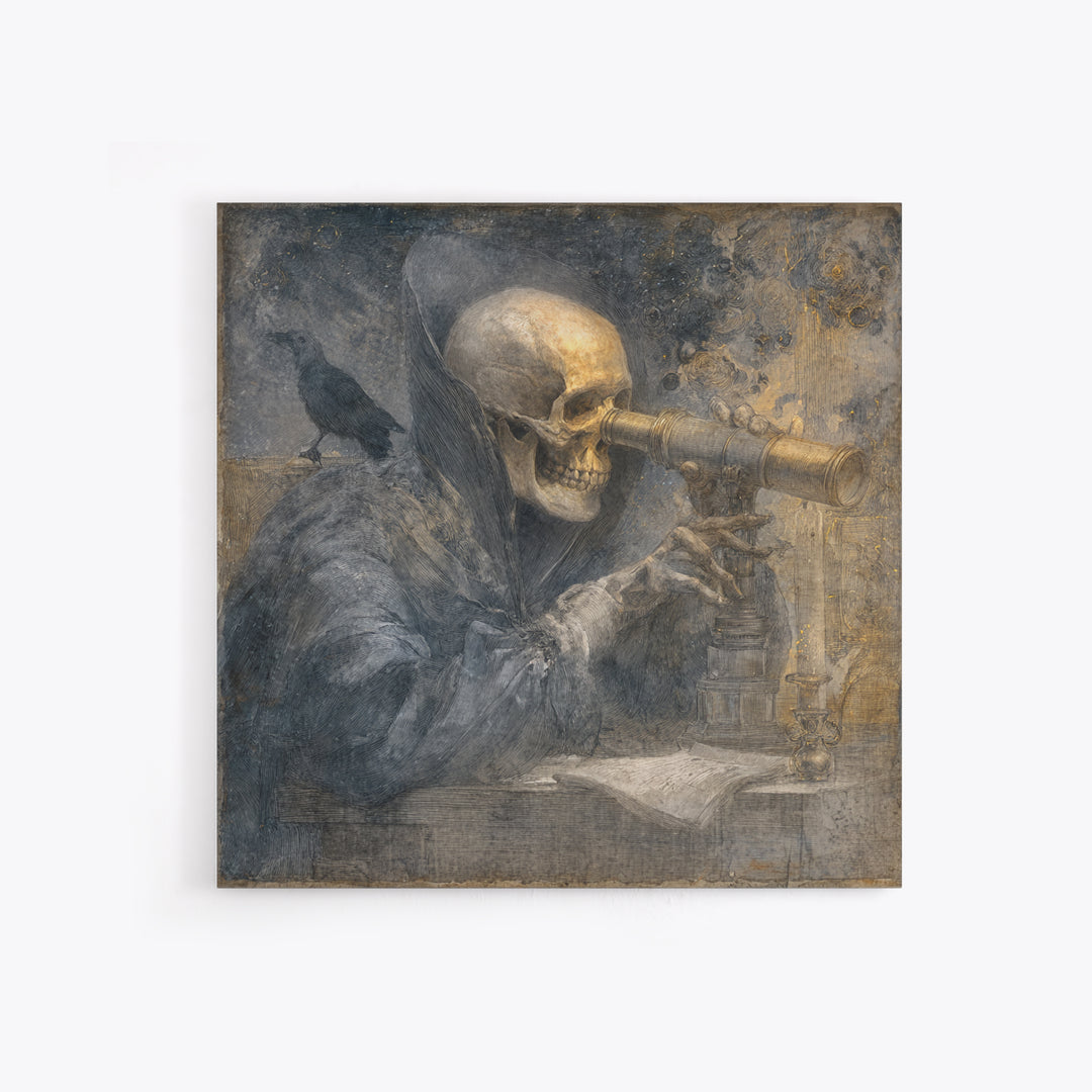 The Skull Astronomer, Symbolist Dream Art, Square Wall Art, Dark Fantasy Wall Art, Framed Canvas Print, Halloween Wall Art
