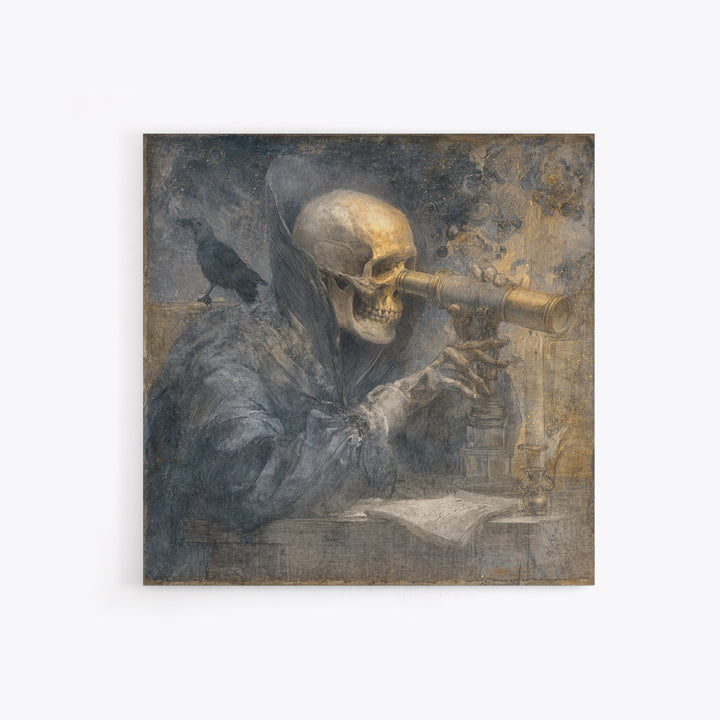 The Skull Astronomer, Symbolist Dream Art, Square Wall Art, Dark Fantasy Wall Art, Framed Canvas Print, Halloween Wall Art