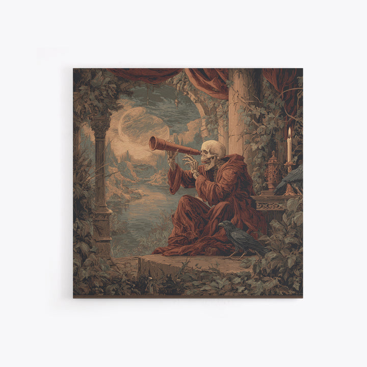 The Skull Astronomer, Symbolist Gothic Landscape, Square Wall Art, Dark Halloween Decor, Canvas Print, Halloween Wall Art