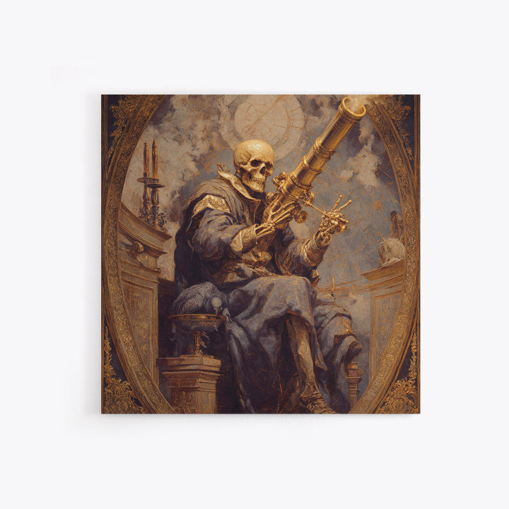 The Skull Astronomer, Ornate Symbolist Art, Square Wall Art, Macabre Wall Art, Framed Canvas Print, Halloween Wall Art