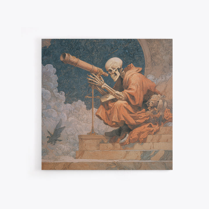 The Skull Astronomer, Symbolist Death Art, Square Wall Art, Dark Halloween Decor, Canvas Print, Halloween Wall Art
