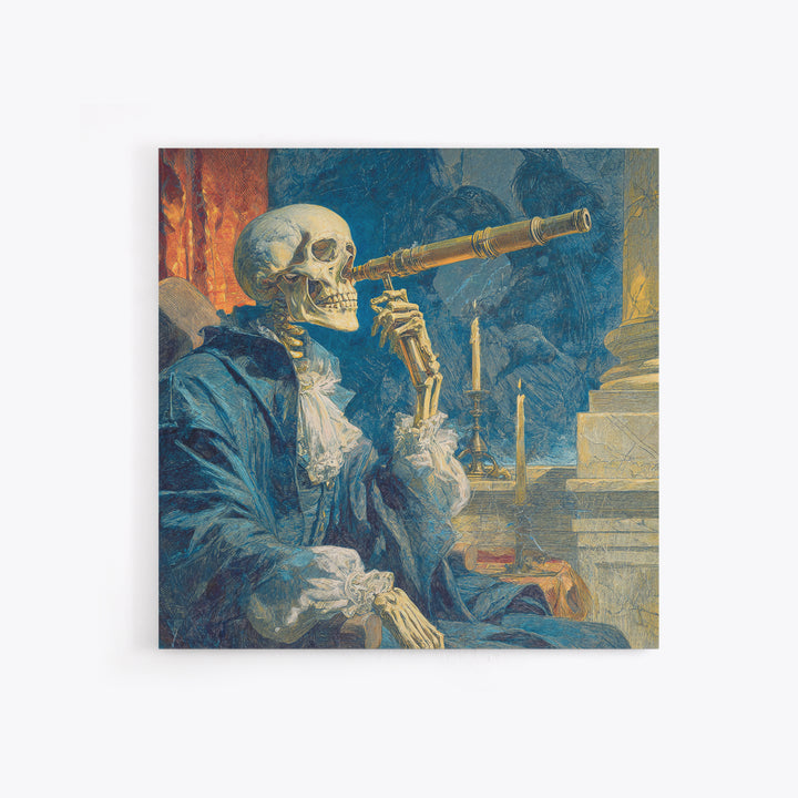 The Skull Astronomer, Symbolist Etching Art, Square Wall Art, Dark Fantasy Wall Art, Framed Canvas Print, Halloween Wall Art