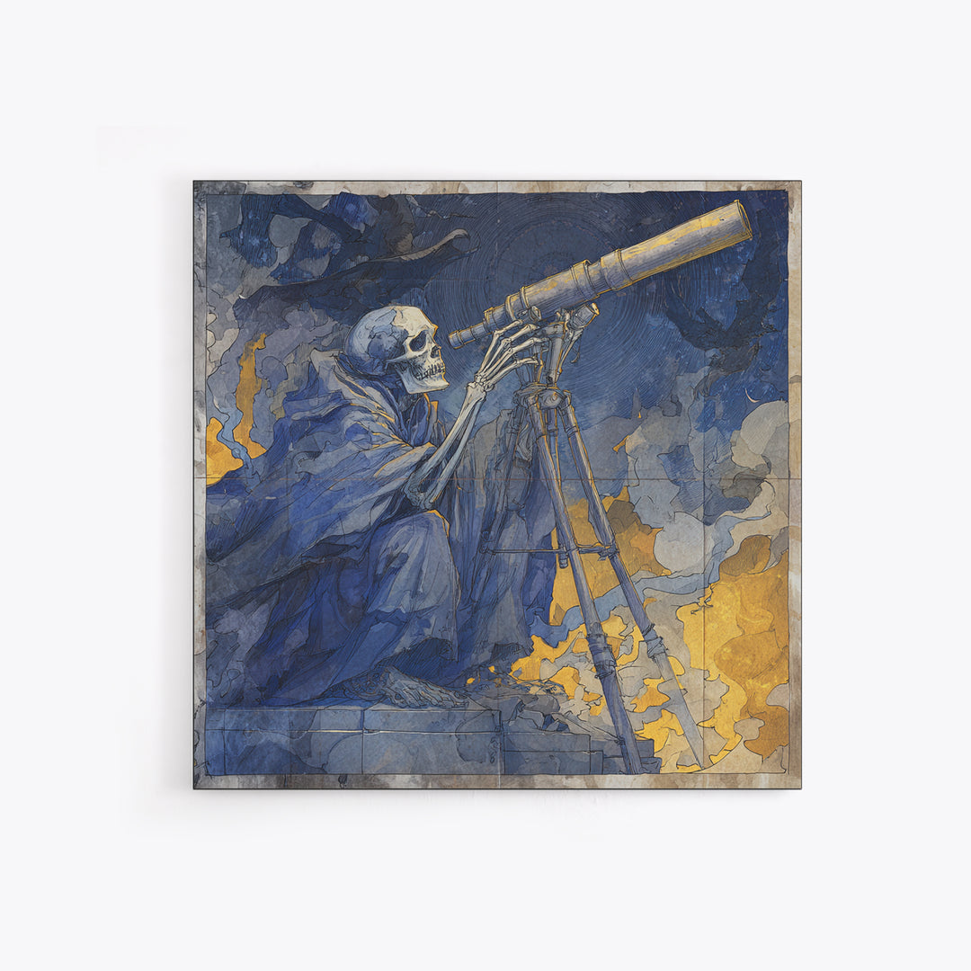 The Skull Astronomer, Expressionist Gothic Art, Square Wall Art, Gothic Horror Wall Art, Framed Canvas Print, Halloween Wall Art