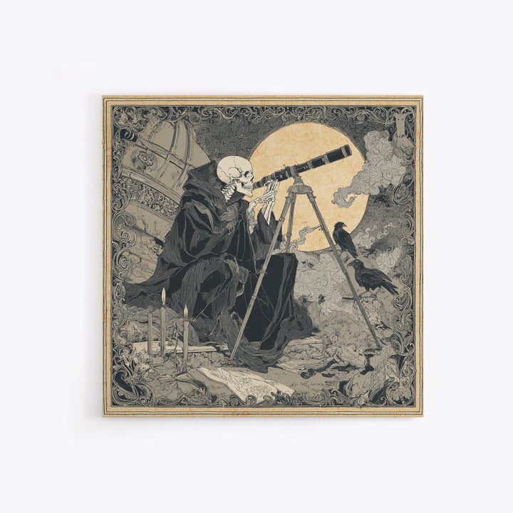 The Skull Astronomer, Decadent Line Art, Square Wall Art, Dark Fantasy Wall Art, Framed Canvas Print, Halloween Wall Art
