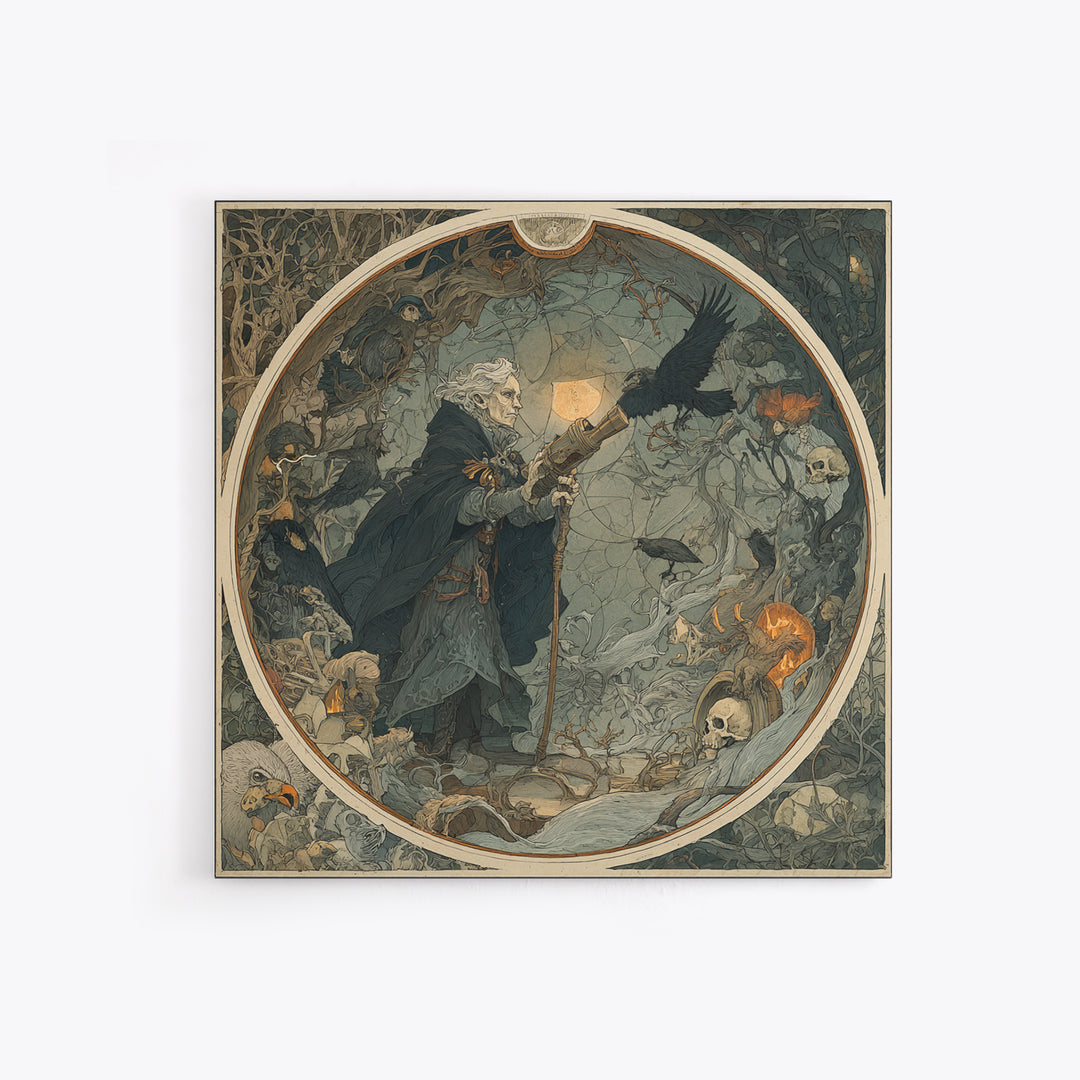 The Skull Astronomer, Gothic Storybook Art, Square Wall Art, Macabre Wall Art, Framed Canvas Print, Halloween Wall Art
