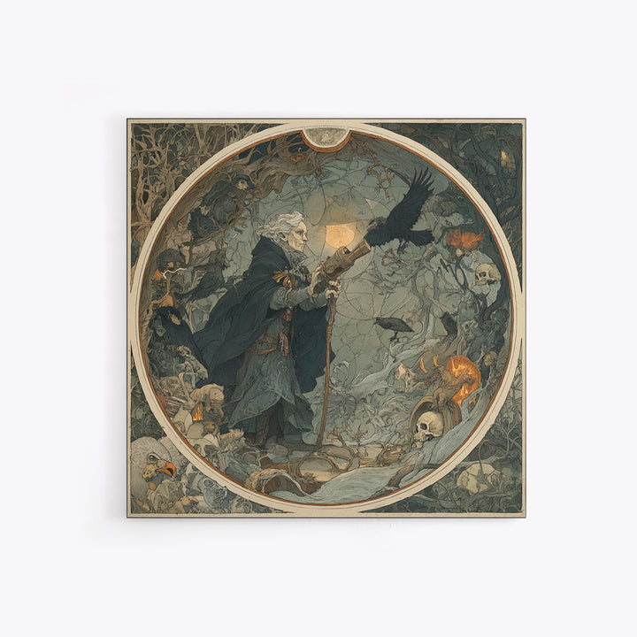 The Skull Astronomer, Gothic Storybook Art, Square Wall Art, Macabre Wall Art, Framed Canvas Print, Halloween Wall Art