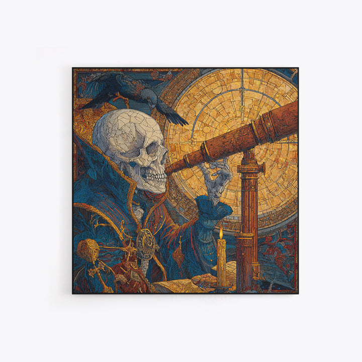 The Skull Astronomer, Stained Glass Gothic Art, Square Wall Art, Dark Halloween Decor, Canvas Print, Halloween Wall Art, Statement Wall Art