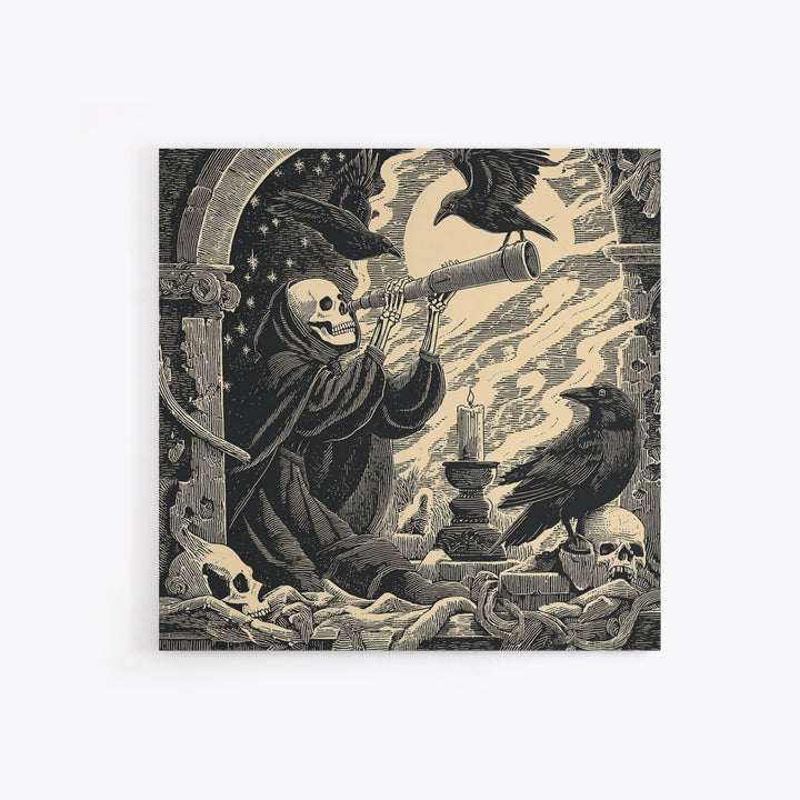 The Skull Astronomer, Macabre Folk Print Art, Square Wall Art, Gothic Horror Wall Art, Framed Canvas Print, Halloween Wall Art