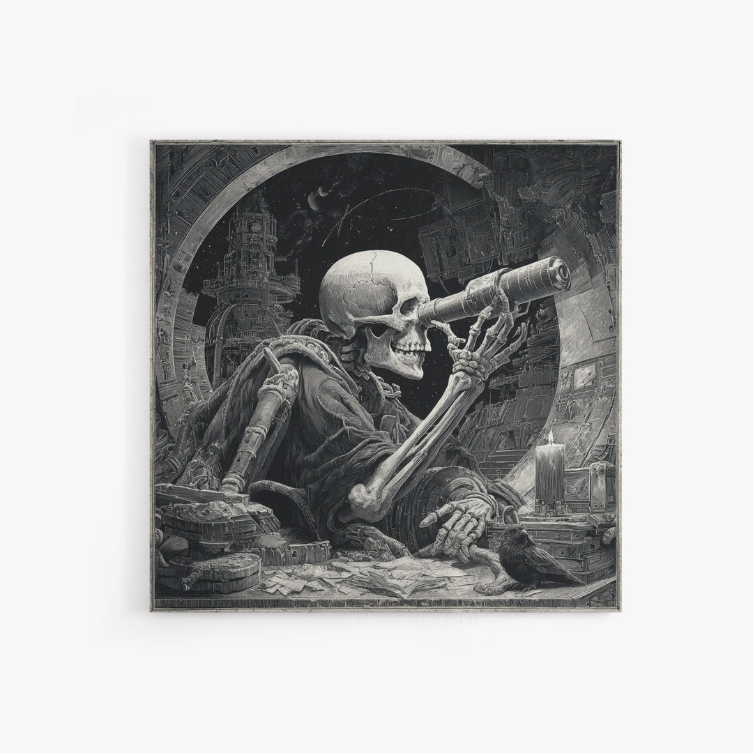 The Skull Astronomer, Biomechanical Horror Art, Square Wall Art, Dark Halloween Decor, Canvas Print, Halloween Wall Art