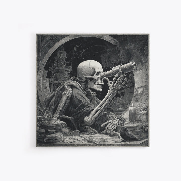 The Skull Astronomer, Biomechanical Horror Art, Square Wall Art, Dark Halloween Decor, Canvas Print, Halloween Wall Art