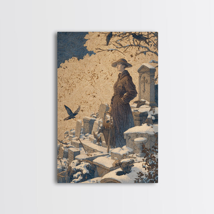 The Cemetery Beekeeper, Symbolist Death Art, Vertical Wall Art, Dark Halloween Decor, Framed Canvas Print, Halloween Wall Art