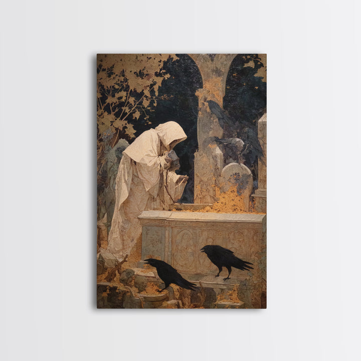 The Cemetery Beekeeper, Symbolist Etching Art, Vertical Wall Art, Dark Fantasy Wall Art, Framed Canvas Print, Halloween Wall Art