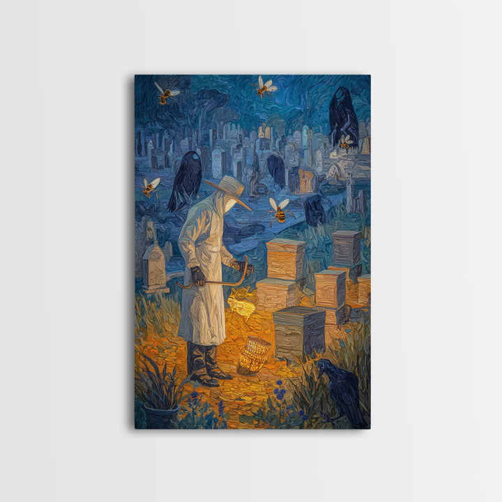 The Cemetery Beekeeper, Expressionist Gothic Art, Vertical Wall Art, Dark Fantasy Wall Art, Canvas Print, Halloween Wall Art