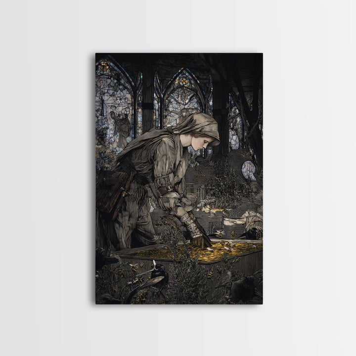 The Cemetery Beekeeper, Stained Glass Gothic Art, Vertical Wall Art, Dark Halloween Decor, Framed Canvas Print, Halloween Wall Art