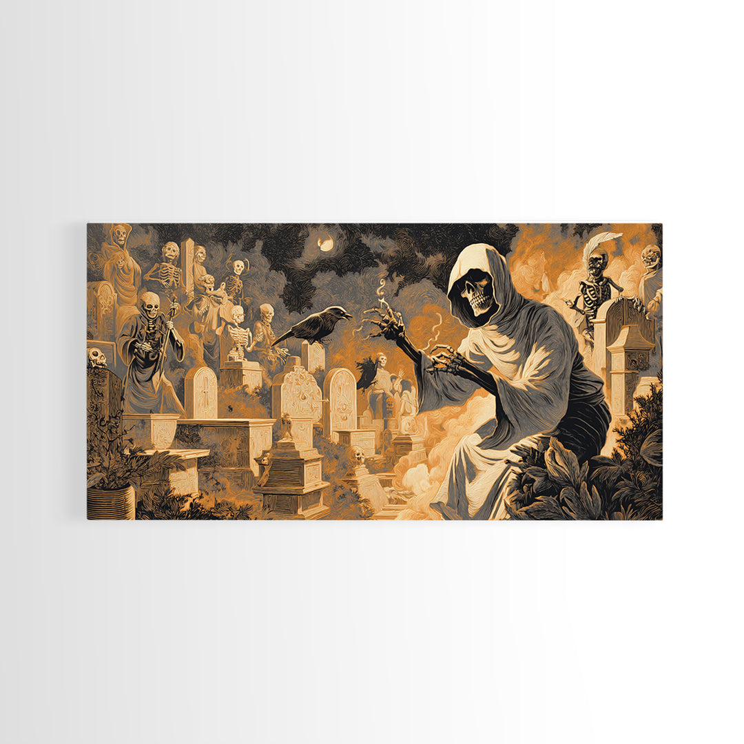 The Cemetery Beekeeper, Macabre Folk Print Art, Wide Panoramic Art, Dark Fantasy Wall Art, Canvas Print, Halloween Wall Art