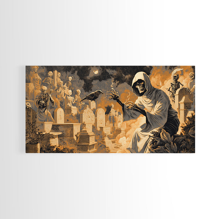 The Cemetery Beekeeper, Macabre Folk Print Art, Wide Panoramic Art, Dark Fantasy Wall Art, Canvas Print, Halloween Wall Art