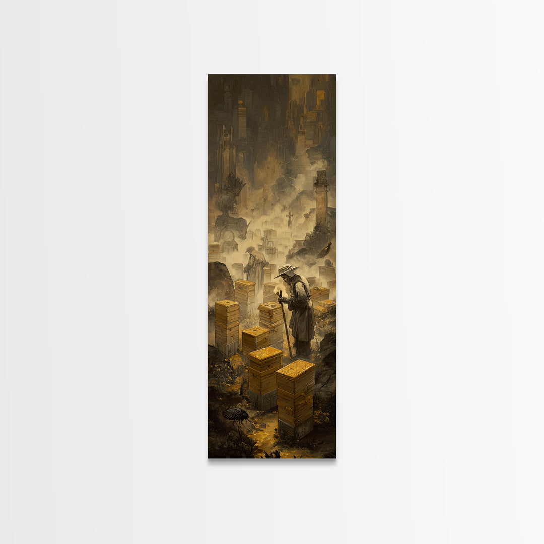 The Cemetery Beekeeper, Surreal Apocalyptic Art, Tall Narrow Wall Art, Dark Fantasy Wall Art, Framed Canvas Print, Macabre Wall Art