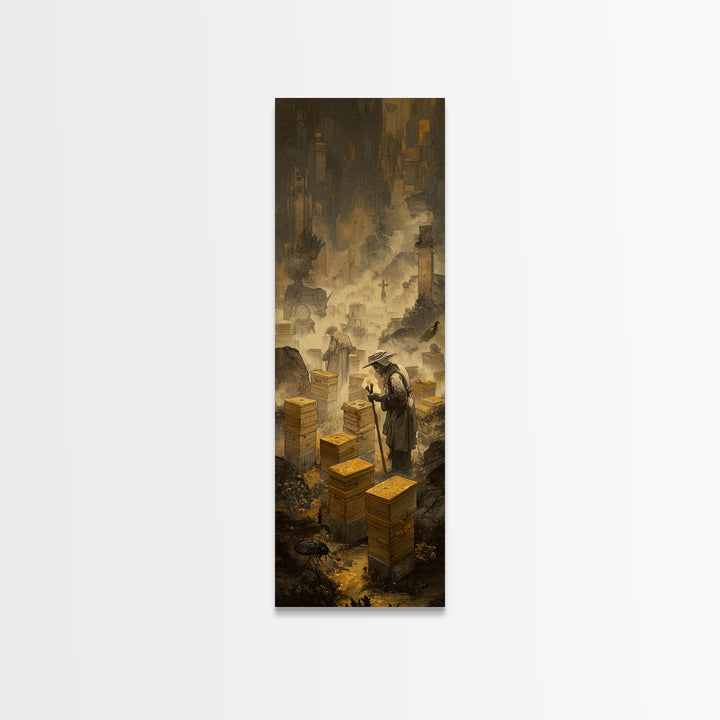 The Cemetery Beekeeper, Surreal Apocalyptic Art, Tall Narrow Wall Art, Dark Fantasy Wall Art, Framed Canvas Print, Macabre Wall Art