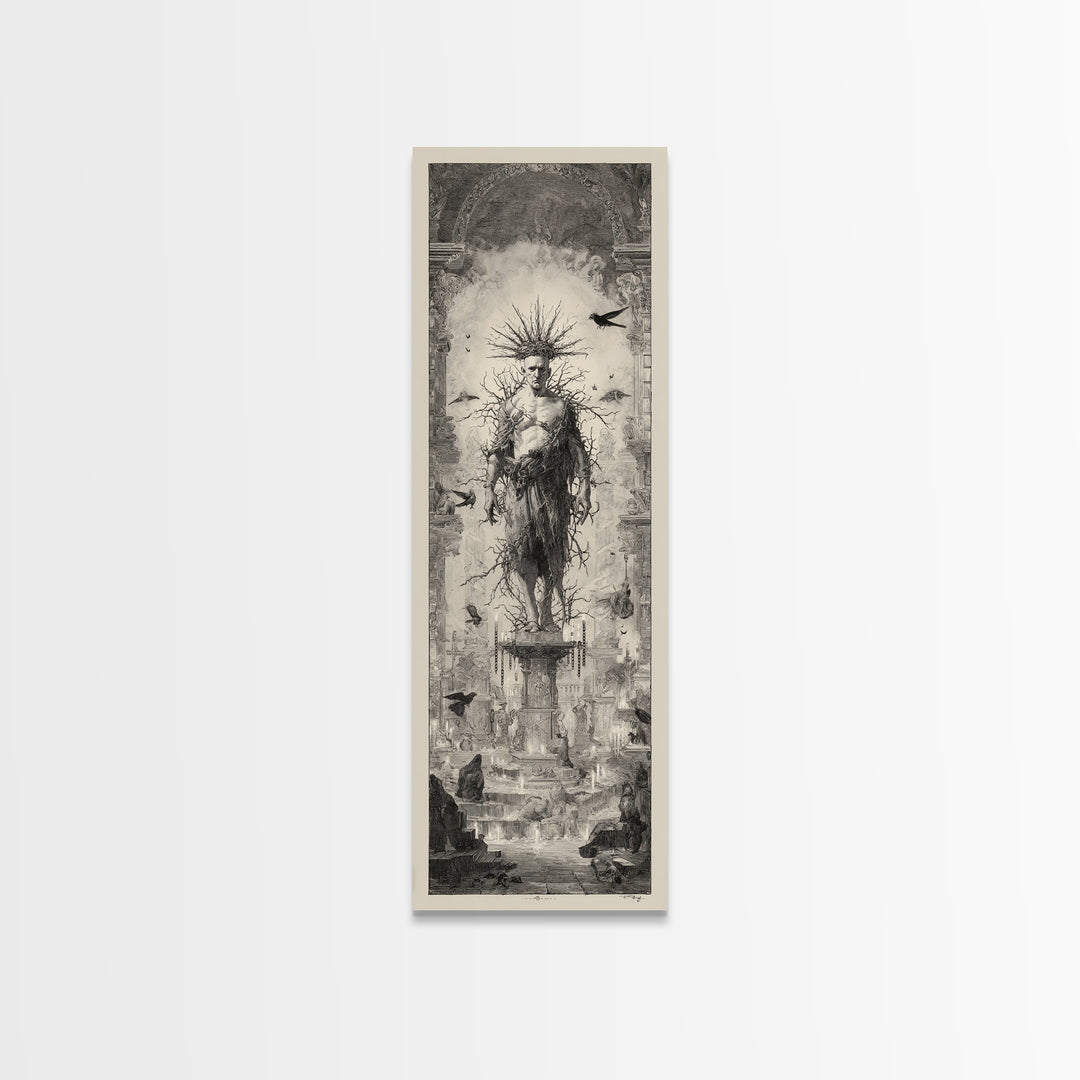 The Thorn-Crowned King, Architectural Etching Art, Tall Narrow Wall Art, Gothic Horror Wall Art, Canvas Print