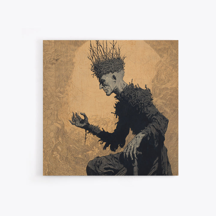 The Thorn-Crowned King, Symbolist Etching Art, Square Wall Art, Dark Halloween Decor, Framed Canvas Print, Halloween Wall Art