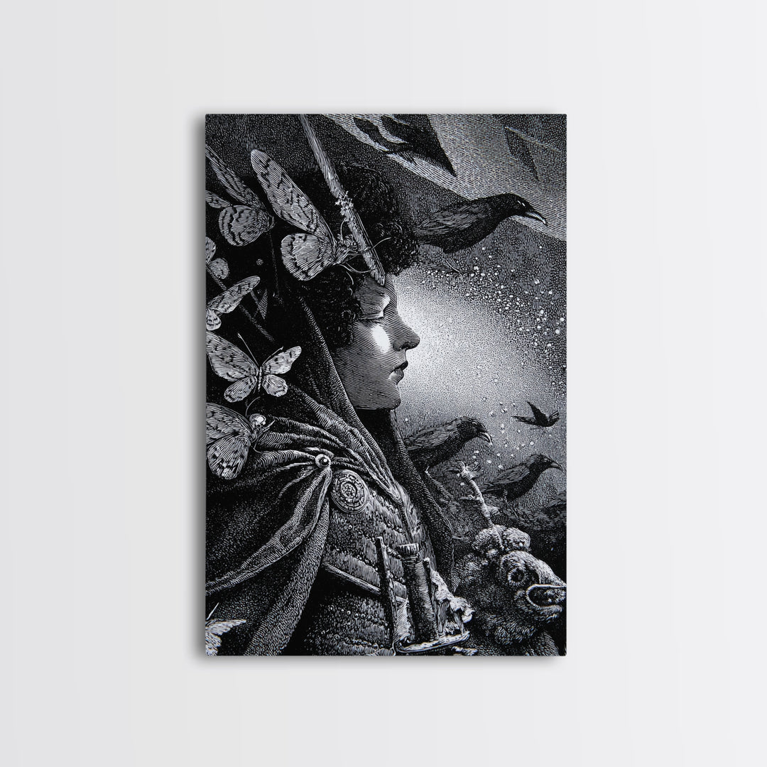 The Moth-Winged Empress, Renaissance Engraving Art, Vertical Wall Art, Macabre Wall Art, Framed Canvas Print, Halloween Wall Art