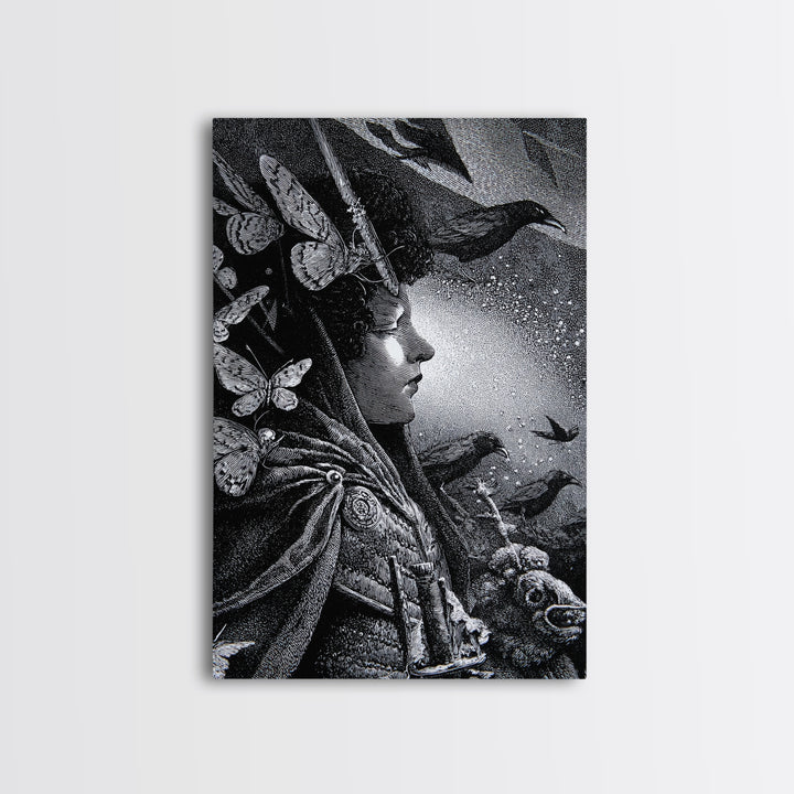 The Moth-Winged Empress, Renaissance Engraving Art, Vertical Wall Art, Macabre Wall Art, Framed Canvas Print, Halloween Wall Art