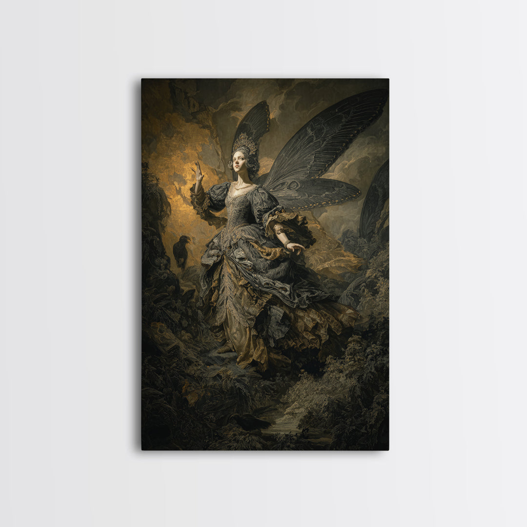 The Moth-Winged Empress, Baroque Witchcraft Art, Vertical Wall Art, Dark Halloween Decor, Framed Canvas Print, Halloween Wall Art