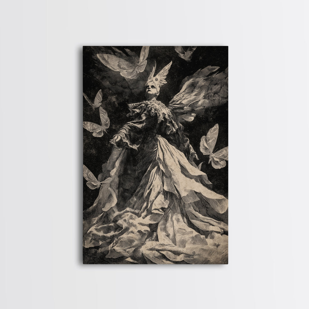 The Moth-Winged Empress, Dark Romantic Horror Art, Vertical Wall Art, Dark Fantasy Wall Art, Framed Canvas Print, Halloween Wall Art