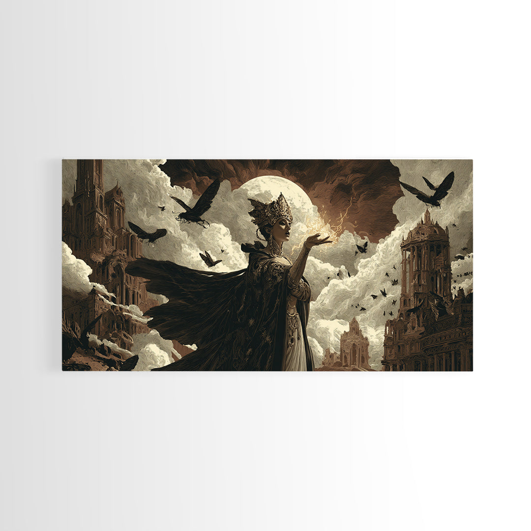 The Moth-Winged Empress, Apocalyptic Romantic Art, Wide Panoramic Art, Dark Fantasy Wall Art, Framed Canvas Print, Halloween Wall Art