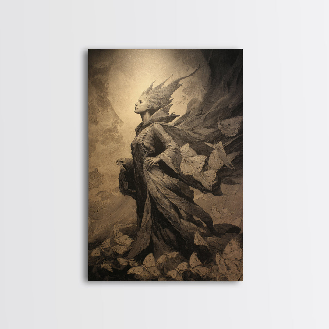 The Moth-Winged Empress, Symbolist Dream Art, Vertical Wall Art, Gothic Horror Wall Art, Canvas Print, Halloween Wall Art
