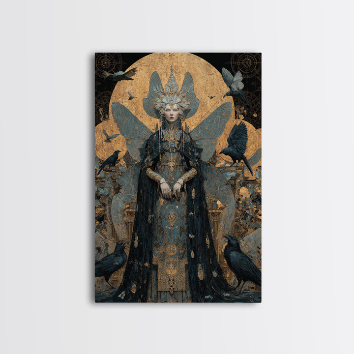 The Moth-Winged Empress, Ornate Symbolist Art, Vertical Wall Art, Dark Halloween Decor, Canvas Print, Halloween Wall Art