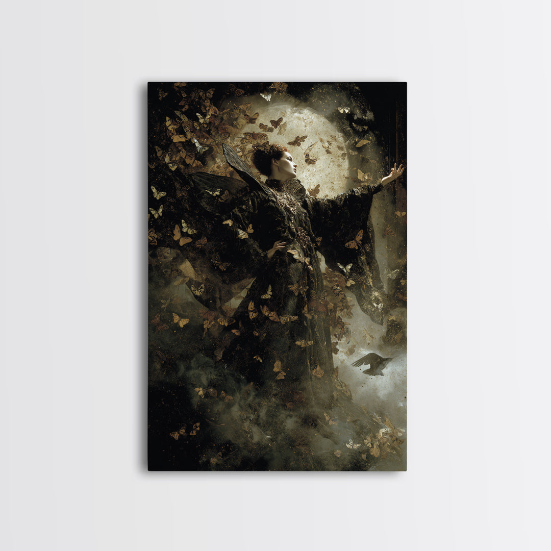The Moth-Winged Empress, Dark Symbolist Art, Vertical Wall Art, Macabre Wall Art, Framed Canvas Print, Halloween Wall Art